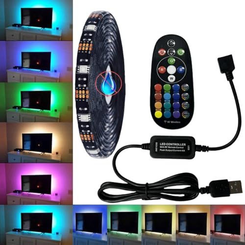 FOLGEMIR 2 Meter RGB LED Streifen dimmbar, TV LED Hintergrundbeleuchtung, 5050 RGB Strip für HDTV USB TV Beleuchtung mit 24 Tasten RF Fernbedienung, wasserdicht IP20