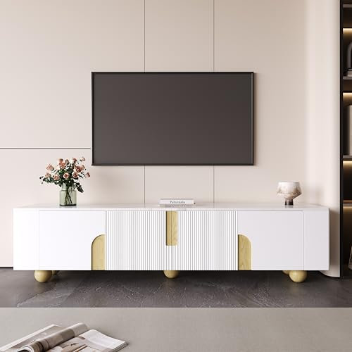 Merax Meuble TV blanc 180 x 40 x 44 cm, 4 portes, finition marbre, pieds en bois sphériques, meuble TV moderne avec espace de rangement pour salon, design élégant