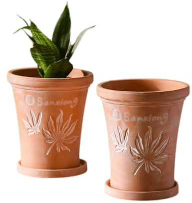 JBTBIHIG Macetas de terracota con orificio de drenaje de platillo de 7 pulgadas/9 pulgadas, macetas grandes de arcilla profunda, patrón único de hojas de arce en relieve, macetas de cerámica de