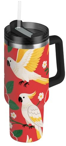 Amooorous Botella de agua de acero inoxidable con tapa a prueba de fugas y pajita, diseño de loro blanco dorado con flores rojas, taza de viaje para agua, té helado o café