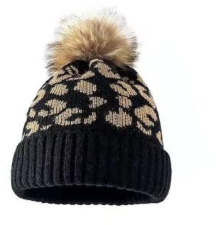 YOOCHUENG Damen Leoparden Strickmütze mit Bommel,Warme Winter Beanie Mütze | Maschinenwaschbar,Weich Warm Beanie,Schwarz Khaki Strickmütze für Wintersport Freizeit-Aktivitäten Alltag,Geschenk für Frauen