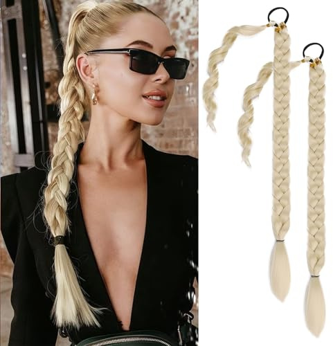 Fulang Hair 2PCS Braid Ponytail Extension, Zopf mit Haargummi, Haarteil zum Einflechten Lang Ponytail, Kunsthaar für Frauen, Geflochtener Haarteil