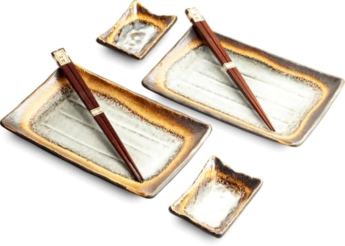 WESTCRAFT JAPAN ORIENTAL SUSHI TELLER SET | Sushi Geschirr Set | 6-teiliges Sushi-Set für 2 Personen | Sushi-Teller, Schalen und Essstäbchen in verschiedenen Asia Designs - Made in Japan (Wabi-Sabi)