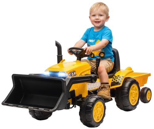 AIYAPLAY Tractor Eléctrico para Niños con Remolque Desmontable y Pala 12V | Tractor de Juguete de Batería, Motor Doble, Control Remoto 2,4G, Luces, Música, Conexión Inalámbrica, USB, +3 Años