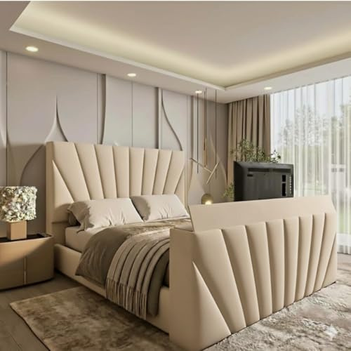 Mullet Sunshine TV Bed Frame In Plush Velvet Fabric In UK (Grey plush, 4ft 6in double bed fream)