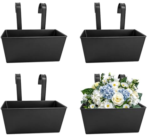 XJJAUGKLY 4 Stück Blumentopf Hängend, 27×24.5cm Balkon Hängende Blumentöpfe mit Abnehmbarem Haken für Balkon & Garten, Wetterfeste Übertöpfe aus Metall Für Innen & Außen, Geländer & Zaun(Schwarz)
