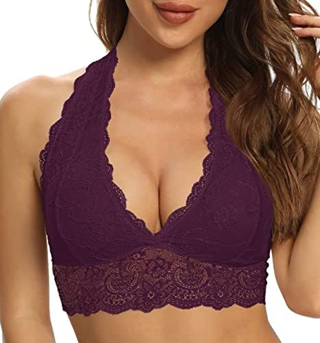 SHEKINI halterneck-bh, bralette, dam, spets, blommor, bustier, crop top, trekantsbehå utan bygel, avtagbar vadderad bh, djup urringning, korsett-topp, sexiga underkläder, Fuchsia,6002, XL