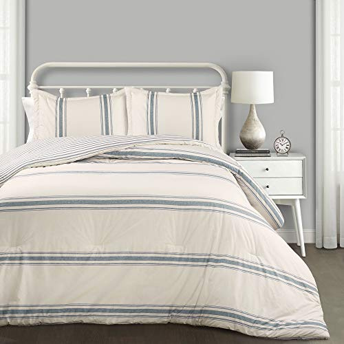 Lush Decor Farmhouse gestreiftes Wende-Bettwäsche-Set, Baumwolle, 3-teilig, Doppelbettgröße, Blau – gemütliches Bauernhaus-Bettwäsche-Set – rustikale Dekoration – gestreifte Bettdecke – Moderne