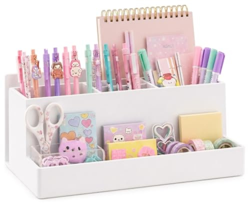 Acrimet Büro Organizer mit 6 Fächern, Schreibtisch Organizer für Stifte, Bürobedarf, Schreibwaren und Zubehör, Kunststoff, Weiß