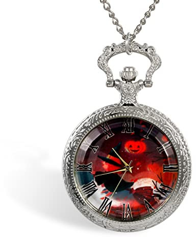 Avaner Taschenuhr Kürbishexe Uhr Analog Quarzwerk mit römischen Ziffern Pullover Halskette Kette für Herren Damen