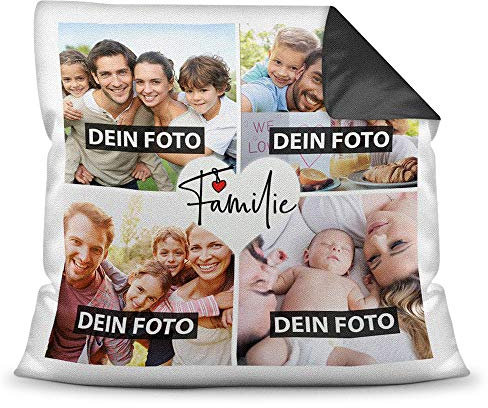 PR Print Royal Kissen mit Füllung - Fotocollage selbst gestalten mit Spruch - Familie - mit Vier eigenen Fotos - Geschenkidee Fotokissen - Farbkissen Rückseite Schwarz