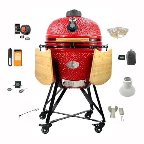 YNNI KAMADO TQTV23RE XL 58,4 cm Grill, rot, Chipfeeder, Bündel, BBQ, Keramik, Ei, Smoker, TQTV23BL