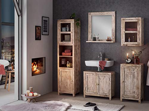 Woodkings® Badmöbel Set Bitna Mango Holz massiv Bad Set rustikal weiß patiniert Badezimmerset Badschrank geschnitzt Design