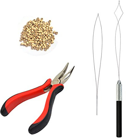 Hair Extensions Pliers Kit with I-tip Hair Pliers Pulling Needle Loop Threader and 200 Pcs 3.0mm Silicone Lined Nano Rings Micro Links Beads (Blonde)