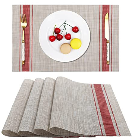 Vinjiasin Set di 4 Tovagliette Colazione Sottopiatti in Vinile Tessute per Tavolo da Pranzo, Beige e Rosso, Lavabili, Resistenti al Calore, Antiscivolo, Facili da Pulire