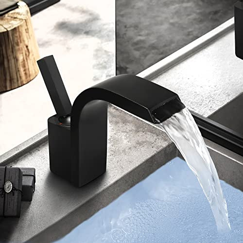 SKOWLL Basin Taps Waterfall Deck Mount Black Bathroom Taps Single Lever Bath Sink Mixer Tap Single Hole Toilet Vanity Faucet, Matte Black