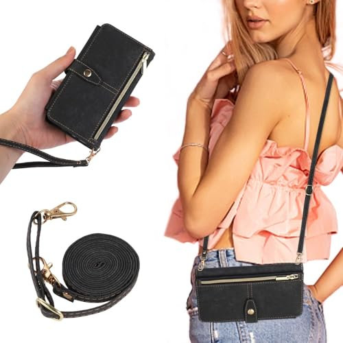 UEEBAI Handykette Hülle für Samsung Galaxy S20 FE 5G, 9 Kartenfäche Retro Leder Geldbörs Flip Case mit Umhängegurt Handschlaufe Standfunktion Wallet Reißverschluss Handyhülle – Schwarz