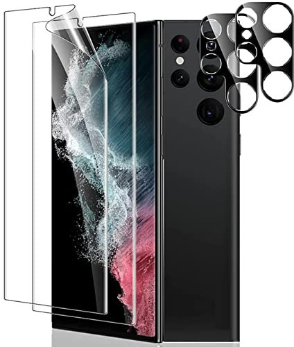 Protector de Pantalla Samsung Galaxy S23 Ultra, 2 Piezas Película de TPU Flexible con 3D Cobertura Completa + 2 Piezas Protector de Lente de Cámara(Cristal Templado), Antiarañazos y Sin Burbujas