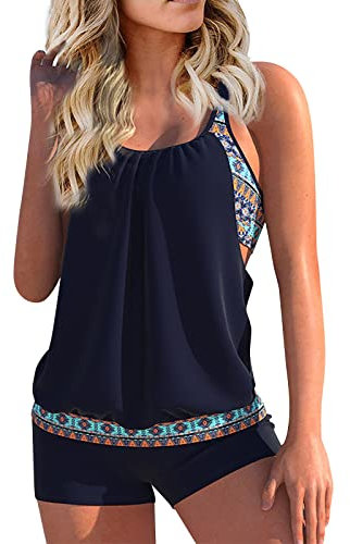 Saymany Tankini Damen Zweiteilig Badeanzug Push Up Bademoden Bauchweg Tankini Set Drucken Oberteile Und Badeshorts Badeanzug Beachwear Zweiteiler Mode Tankinis Mit Pads