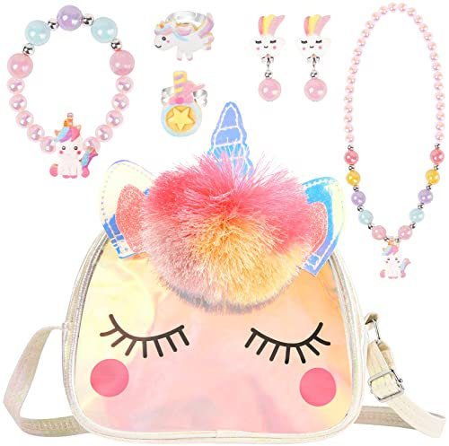 OSDUE Einhorn Handtaschen, Schmuckset für Mädchen, Unicorn Kette Halskette Armband Ring Schmuckset, für Party Dress Up Geschenk(Weiss)