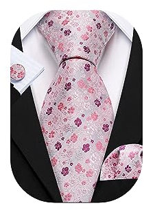 Barry.Wang Ensemble de cravates florales en soie pour homme - Cravate, mouchoir et boutons de manchette pour mariage formel, Rose blush, taille unique