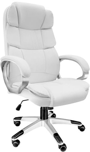 tectake® Chefsessel, Bürostuhl mit 12 cm Polsterung, Schreibtischstuhl mit Armlehnen & Wippfunktion, ergonomischer Bürostuhl, höhenverstellbar, PC Stuhl, Drehstuhl mit Rollen in Lederoptik - weiß