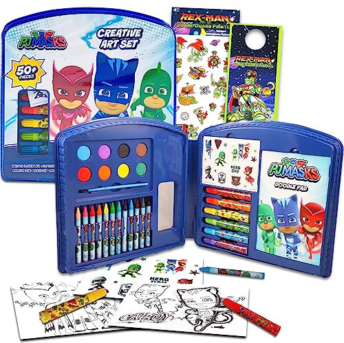 Disney PJ Masks Kunst-Set für Kinder – 50-teiliges Superhelden-Kunst-Set mit PJ Masks Malutensilien, Farbe, Kunstblock, Aufklebern, mehr | PJ Masks Malset für Kinder