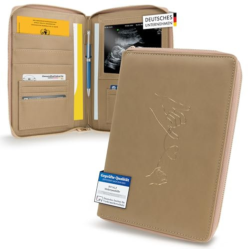 RYVALZ® Élégant étui de carnet de maternité avec journal de grossesse numérique – Housse de protection élégante avec fermeture éclair et de nombreux compartiments