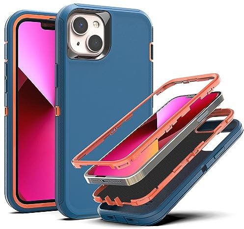 YmhxcY for iPhone 13/14 Case - Shockproof, Drop Proof, Dust-Proof, Heavy Duty Protection - 3-Layer Durable 6.1-Blue/Orange