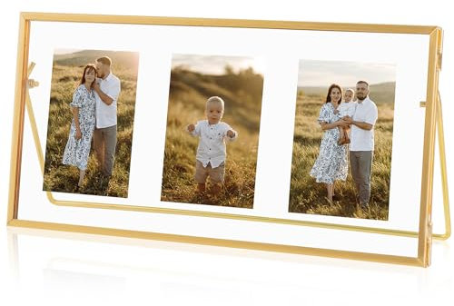 Jajamy Cadre photo flottant doré, cadre flottant en verre trempé pour 3 photos de 5 x 7,6 cm, cadre photo vintage doré pour affichage de table (horizontal)