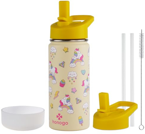 honogo 16 oz Stainless Steel Insulated Kids Water Bottle, Leak Proof Metal Thermal Flask with Straw lid, Cute Toddler Tumbler Cup for School Girls & Boys (Beige, Unicorn)