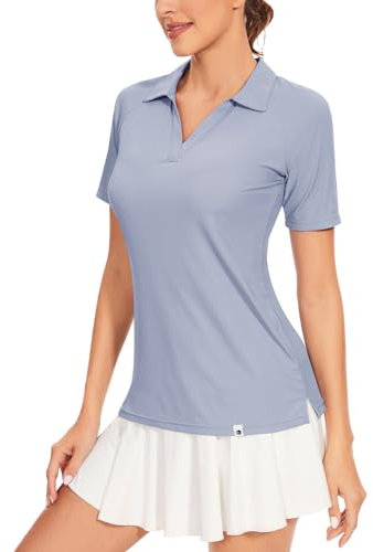 Soneven Damen Poloshirt V Ausschnitt Kurzarm Polohemd Sport Tshirts Gerippt Atmungsaktiv Schnelltrocknend Funktionsshirt für Golf Tennis[Blau,