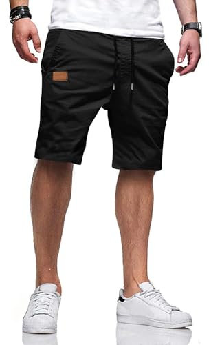 TARAINYA Kurze Hosen Herren Baumwolle Casual Shorts Herren Tunnelzug Elastische Sommer Chino mit Taschen Schwarz L