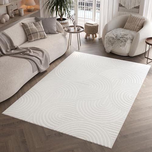 TAPISO Hygge Teppich Kurzflor Creme Weiß Geometrisch Kreise 3D Teppich Wohnzimmer Schlafzimmer ÖKOTEX 160 x 220 cm
