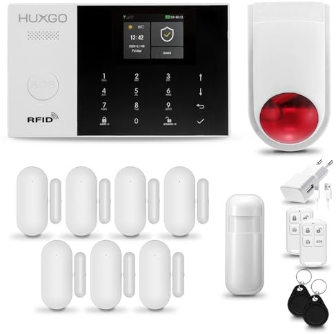 HUXGO® HXA005 Funk Alarmanlage Set WiFi + GSM mit Alarmsirene | Alarm System mit Bewegungsmelder, 7X Fensteralarm/Türsensoren | Alarmanlage fürs Haus, Wohnung, Wohnmobil | Smart Home