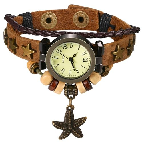 JewelryWe Damenuhr Vintage Leder Uhr: Retro Stern Seestern Analog Quarz Armbanduhr Damen Geschichtet Perlen Leder Geflochten Armband verstellbar Armreif Lässige Uhr mit Römischen Ziffern Zifferblatt