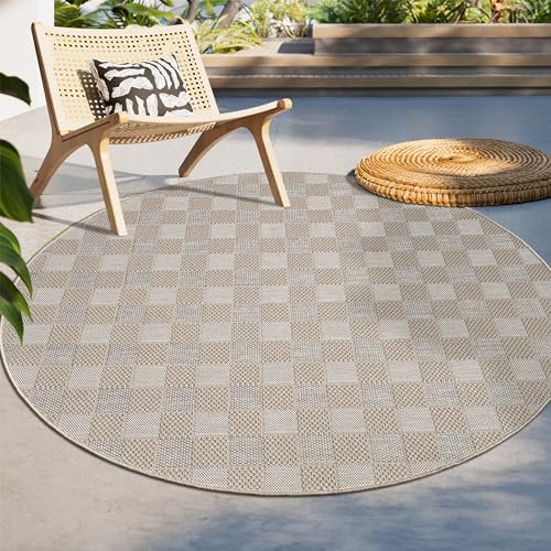 Paco Home Outdoor Teppich Flachgewebe Modern Boho-Style wetterfest & UV-beständig Ideal für Terrasse Balkon Wohnzimmer & Küche, Grösse:120 cm Rund, Farbe:Beige 8