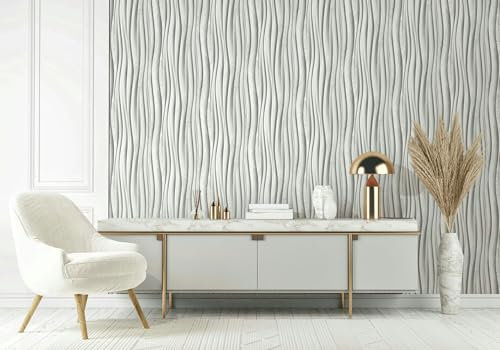 Tapete Holz Wellen Vliestapete Weiß Fototapete 3D-Optik für Wohnzimmer Schlafzimmer Küche Made in Germany 10,05x0,53 m
