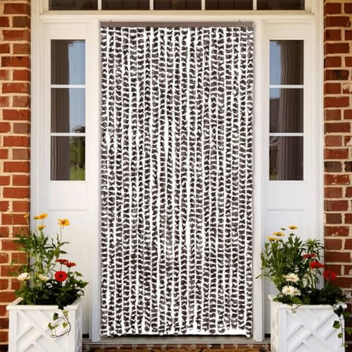 Sufrk Moustiquaire marron et blanc 90 x 220 cm chenille-rideau en ratine, protection parfaite contre les insectes et les regards indiscrets pour la porte du balcon et de la terrasse