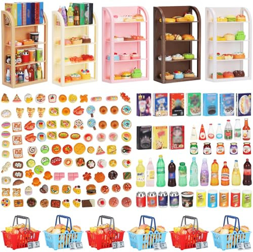 170Pcs Miniature Supermarket Shelves Furniture Model Doll House Store Storage Bookshelf Accessories 4 Layers Shelf Display Rack Mini Locker Decor Food Drink Bottle Toy Cosplay Game Party