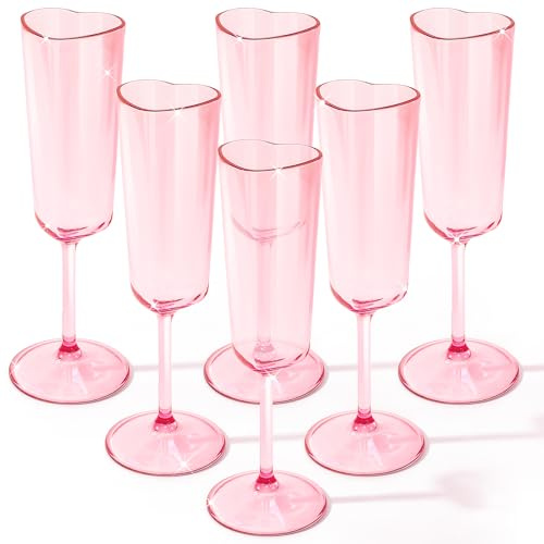 Teenyyou 6 Pcs Valentines Day Heart Shaped Champagne Flutes 6 oz Pink Acrylic Champagne Glasses for Wedding Galentines Bachelorette Birthday Party Supply Heart Shaped Wine Cups Pink Cocktail Glasses