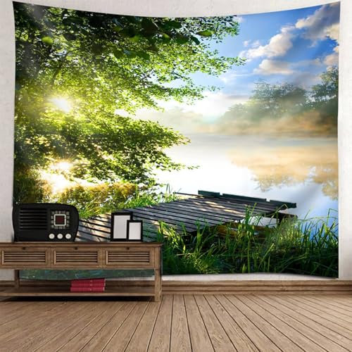 Mesnt Wandteppich Natur XXL, 350x256cm Baum am See, natürliche Landschaft Landschaft Wandteppiche Wandtuch für Wohnzimmer Schlafzimmer Dekoration | Grün Blau Weiß