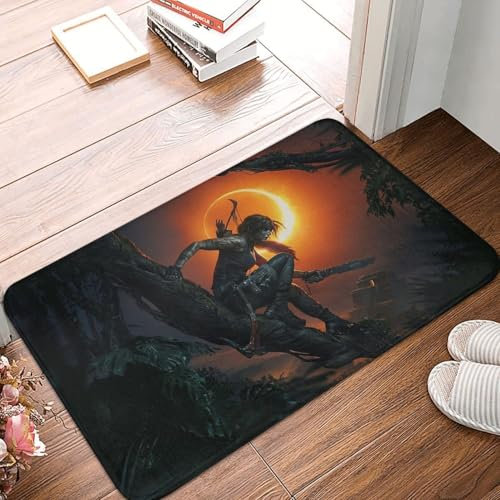 OOAHJEID Fußmatte für Badezimmer Tomb Raider Abenteuerspiel Badematte Lara Sonnenuntergang Mond Fußmatte Küchenteppich Eingangstür Teppich Wohnkultur
