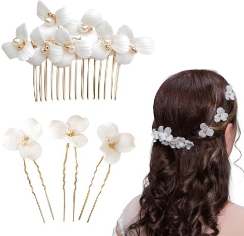 Axvxby 4-teiliges Damen Haarschmuck, Blumen Hochzeit Haarschmuck Set, weiß Haarkamm und Haarklammer