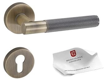 Beschläge Hamburg | Türgriff Türbeschlag MUNICH-X 07 AB PZ | Profilzylinder Türklinke mit Gitternetzstruktur für Innentüren | Karomuster Drückergarnitur | ø51x10mm | Türdrücker in messingfarben antik