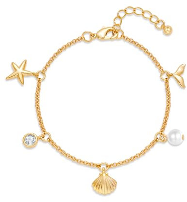 WOWORAMA Zierliches goldenes Muschelarmband für Damen verstellbar goldenes Strand Charm Armband Seestern Muschel Meerjungfrau Perlen Gliederarmband