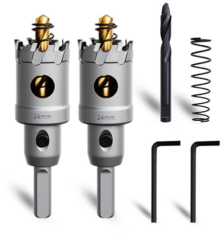 METOTY 2 Stück 24mm lochsäge metall，Hartmetall Lochsäge,Hartmetall Bohrer,mit Ein zusätzlicher nitrierter Stufenführungsbohrer gratis und L-Wrench,für Stahl Eisen Aluminum Metall