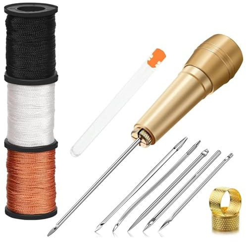 Agujas de coser con hilo + Kit de costura portátil con punzón + para cuero y tela + incluye agujas grandes, punzón, dedal + multifuncional + 10 piezas + plateado