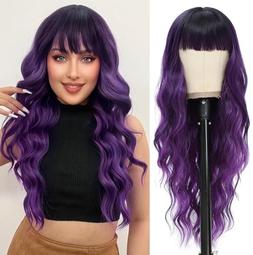 Parrucca lunga e ricci ondulati di colore viola scuro con frangia per donna, capelli sintetici naturali resistenti al calore per uso quotidiano o per cosplay, 66 cm, colore viola con radici scure