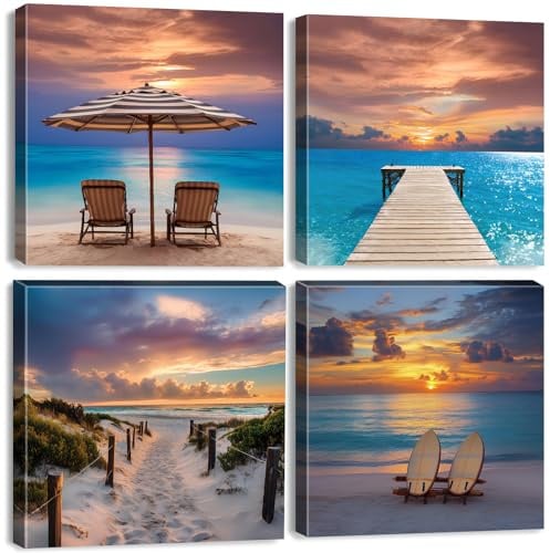 4 Pieces Beach Wall Art for Bathroom Coastal Room Decor Blue Ocean Wall Pictures for Living Room Hallway Decor Seaside Scenery Canvas Painting Nature Landscape Prints for Bedroom Home Office 30x30cm